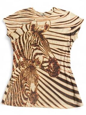 Cache Beige & Brown Zebra Graphic Short Sleeve Tee With Rhinestone Detail